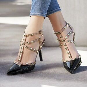 Sole Society Tiia T-Strap Pointed Dress Pumps Black Nude Gold Embellished